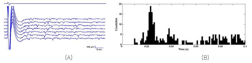 (A) 전기자극에 대한 RGC의 응답 (action potential)과 (B) 이러한 자극에 대한 응답이 발생한시간적 분포를 보여주는 PSTH (Post Stimulus Time Histogram).