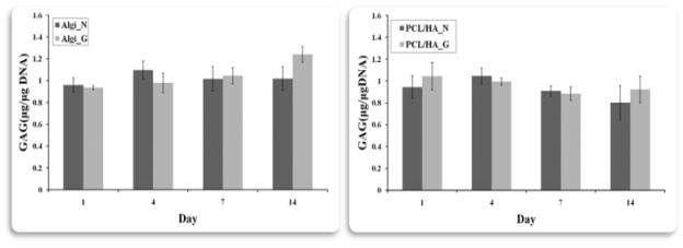 Growth factor의 사용유무에 따른 GAG expression 평가(좌) Alginate scaffold (우) PCL/HA scaffold