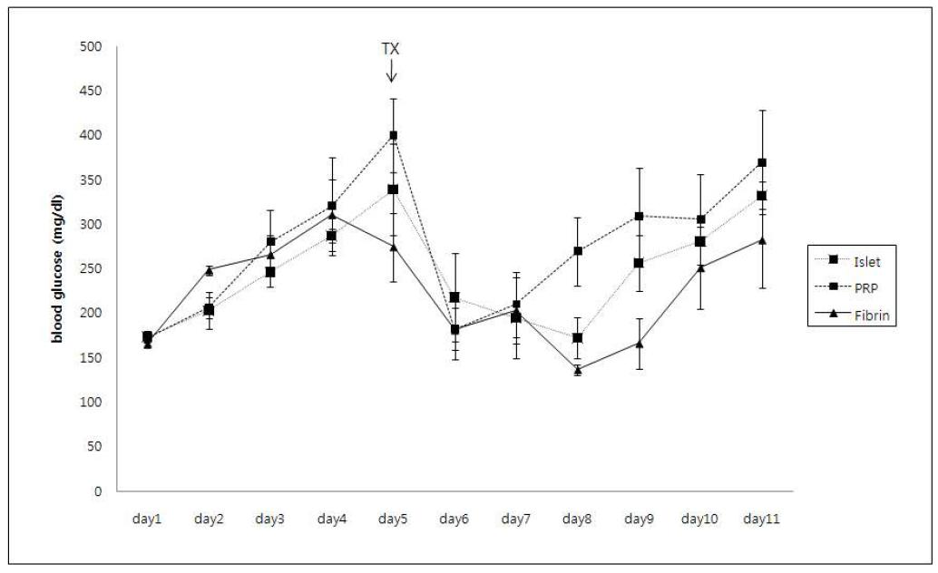 Fibrin 및 PRP gel의 이식후 혈당측정결과