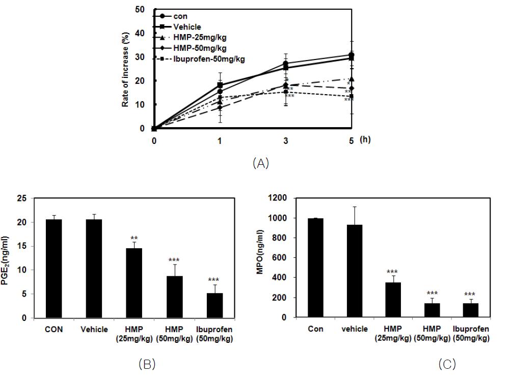 Anti-inflammatory effects of MCR3019 (HMP) in carrageenan-inducedpaw edema (A) and PGE2 (B) and MPO (C) production