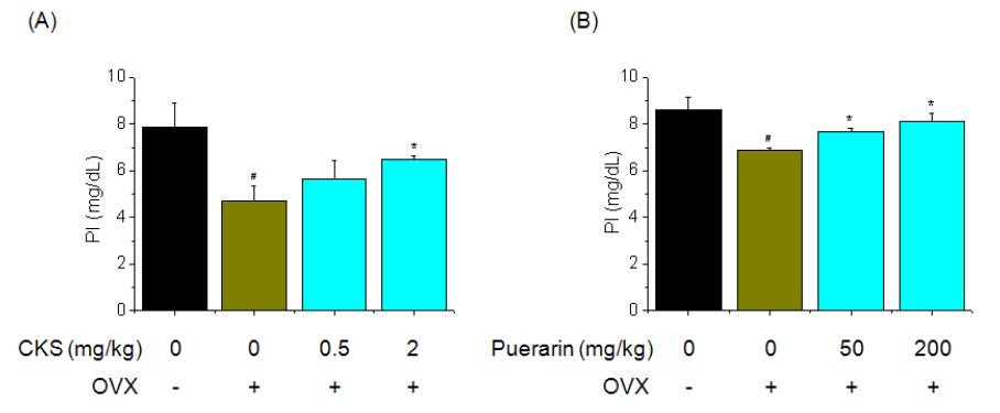 Effect of CKS or Puerarin on serum PI levels were assessed by PI kit. Three weeks after surgery, ovariectomized mice fed on CKS or Puerarin group was orally administered at a dose of 0.5 and 2 mg/kg or 50 and 200 mg/kg and control group was orally administered saline. The serum PI level was used as markers of bone formation. Each value represents the mean ± SD of five mice. #P<0.05, significantly different from the sham group, *P<0.05, significantly different from the OVX group.