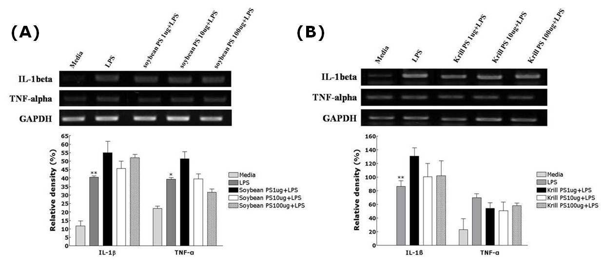 Comparison of effect of Soybean PS (A) or Krill PS (B) on the expressionlevels of IL-1β and TNF-α mRNA in RAW 264.7 cells.