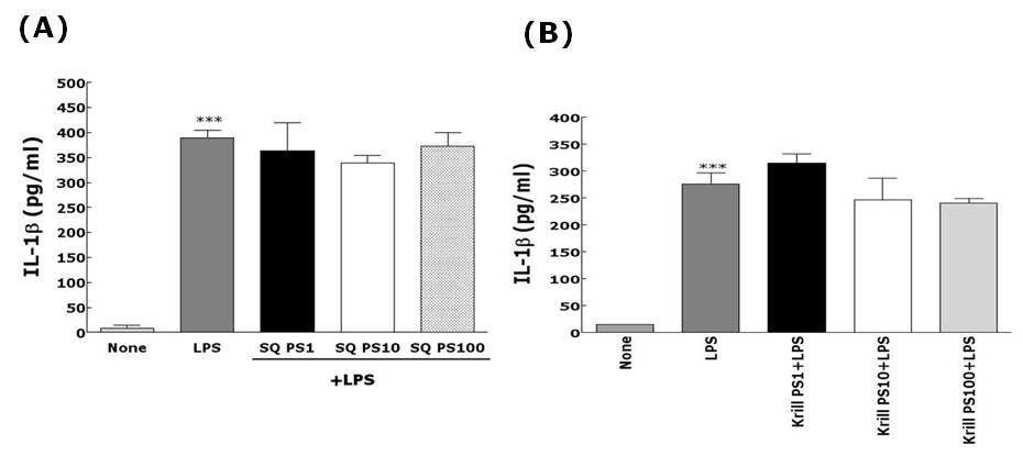 Effect of Squid(SQ) PS (A) or Krill PS (B) on the expression levels of IL-1βprotein in RAW 264.7 cells.