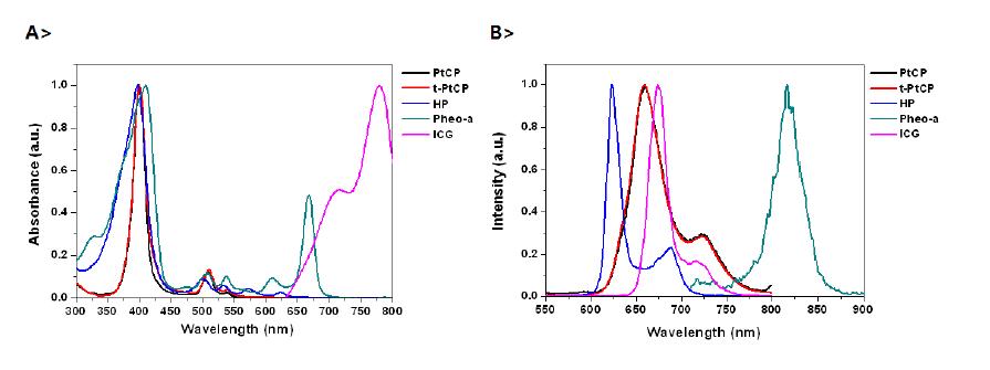 광감응분자의 흡수(A)/ 형광(B) 스펙트럼
