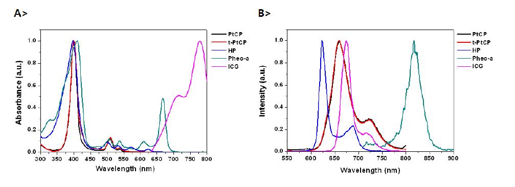 광감응분자의 흡수(A)/ 형광(B) 스펙트럼