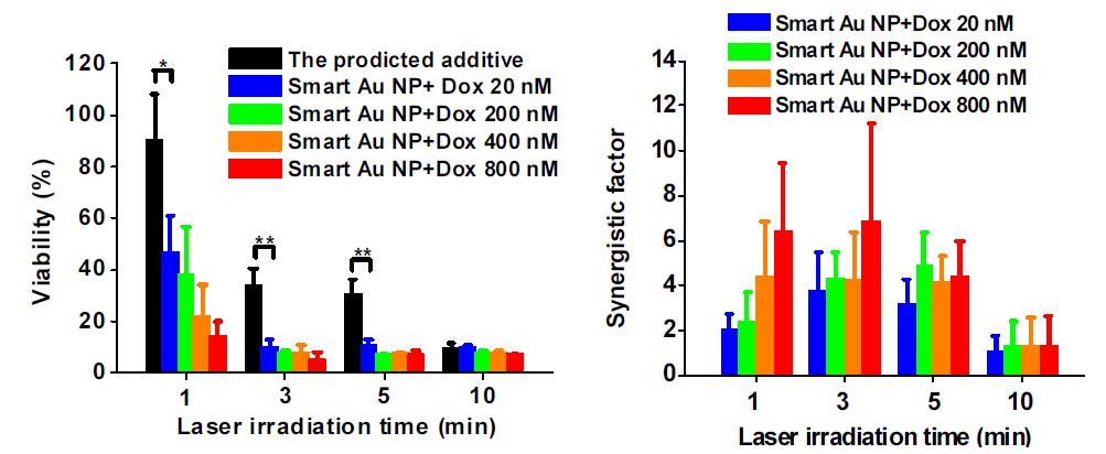 지능형 금 나노 입자와 800 nM의 Doxorubicin을 따로 처리한 후 얻은 각 세포 생존율을 곱한 값 (흑색) 및 각각 20 nM (청색), 200 nM (녹색), 400 nM (주황색), 800 nM (적색)의 Doxorubicin을 사용하여 지능형 금 나노 입자와 결합체를 형성한 샘플을 처리한 경우에 나타나는 세포 생존율을 레이저 조사 시간에 따라 나타낸 막대 그래프 (좌측); 지능형 금 나노 입자와 800nM의 Doxorubicin을 따로 처리한 후 얻은 각 세포 생존율을 곱한 값을 지능형 금 나노 입자와 Doxorubicin의 결합체들에서 나타나는 세포 생존율로 나누어 도출한 상승 효과 인자 (우측)