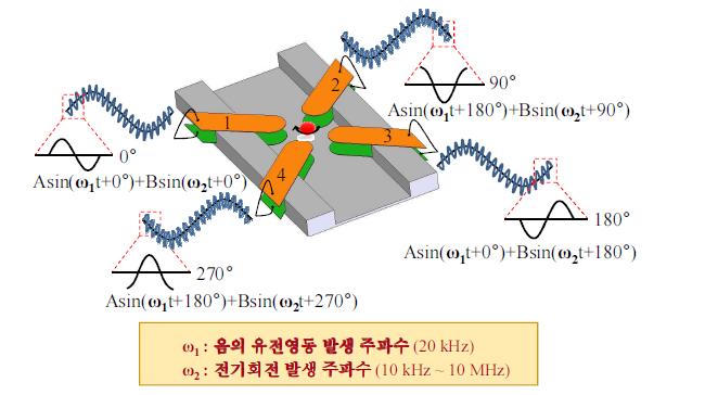 음의 유전영동신호와 회전교류신호가 중첩되어 인가된 3차원 십자모양 구조의 전극 개념도.
