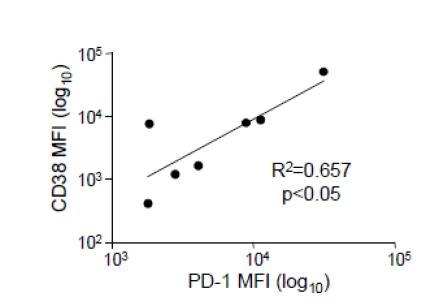 7명의 환자에서 항원-특이 CD8 T세포를MHC class I tetramer로 표지한 후 FACSgating을 하고, PD-1 및 CD38의 발현량을 평균형광값으로 측정하고 PD-1 및 CD38 발현량의 관계를 회귀분석함. PD-1 및 CD38 발현량 사이에는 유의한 상관관계가 있음