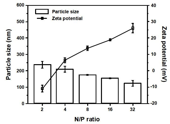 N/P ratio에 따른 plasmid DNA/PEI-PEG complex의 입자크기 및 표면전하.