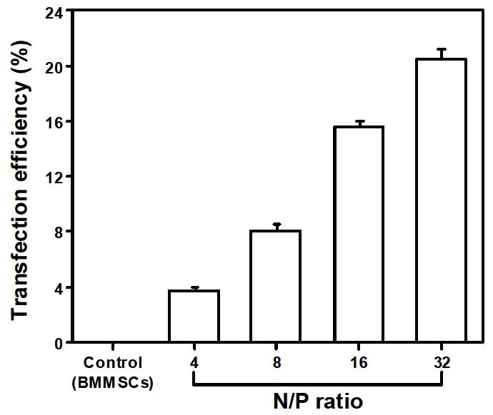 다양한 N/P ratio를 가지는 plasmid DNA/PEI-PEG complex의 세포 내 이입효율(FACS).