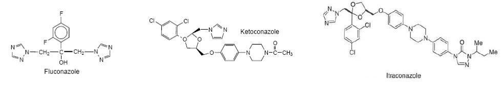 Structure of azole antifungal agents: Fluconazole, ketoconazole, itraconazole