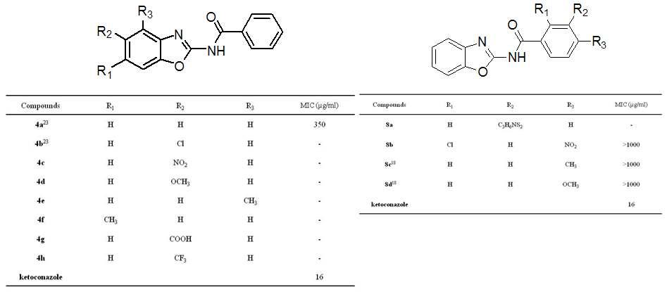 Malassezia furfur에 대한 항균제로써의 benzoxazole amides의 합성물의 MIC 확인.