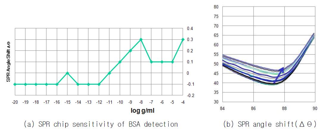 SPR 진단 칩을 이용한 BSA 반응 검출 테스트 결과