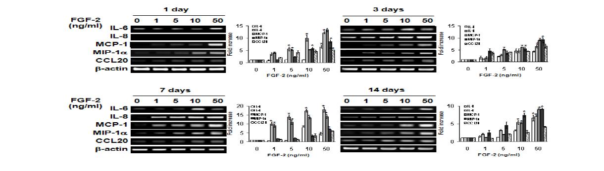 Effects of FGF-2 on the mRNA expression of chemokines, such as IL-6, IL-8, MCP-1, MIP-1a,and CCL20 in HDPCs.