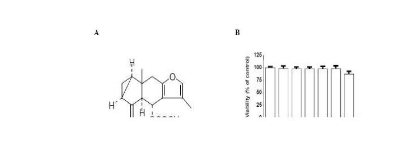 Chemical structure of lindenenyl acetate (A), effect of lindenenyl acetate on cytotoxicity in human periodontal ligament (HPDL) cells (B). Values are mean ± S.D. of three experiments.