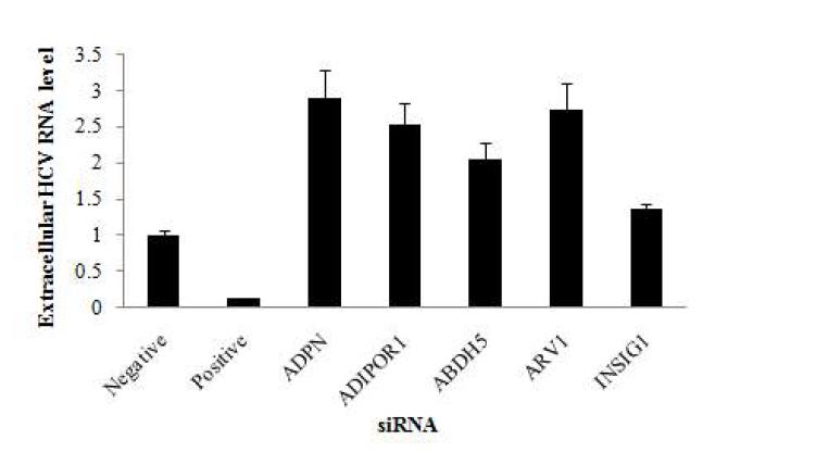 ADPN, ADIPOR1, ABDH5, ARV1, INSIG1 유전자 knock down을 통한 C형 간염 바이러스의 방출효과.