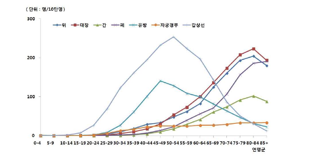 여자 주요암 연령군별 발생률 추이(2010)