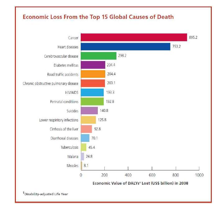 전세계의 주요 사망원인질환으로 인한 경제적 손실규모(2008년)