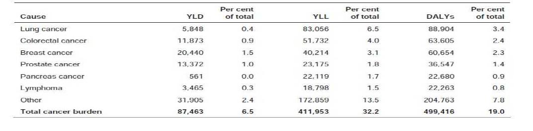 주요암의 질병부담(2003년)