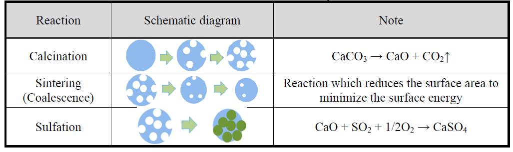 Reactions of CaCO3 sorbent particle.