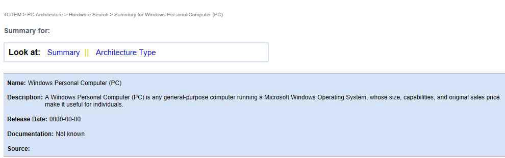 TOTEM의 Windows Personal Computer에 대한 요약 기술정보