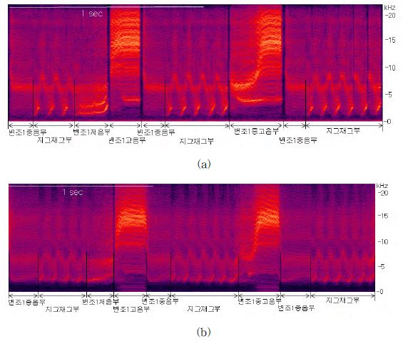 그림 90. 2가지 애매미 변조1부의 마지막 패턴과 직후 소리의 스펙트로그램 비교. (a) 한국 본토, (b) 울릉도