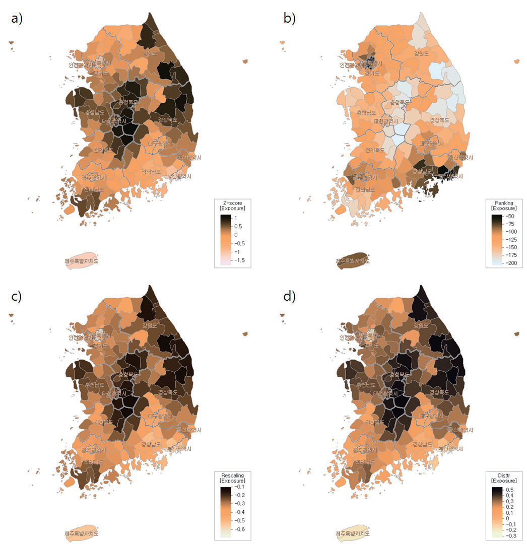 표준화 방법별 기후노출 공간분포