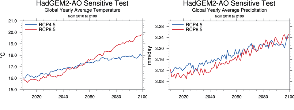 RCP 4.5와 RCP 8.5에 대한 HadGEM2-AO의 전지구 평균 온도 (좌)와 평균 강수량 (우)의 민감도 실험