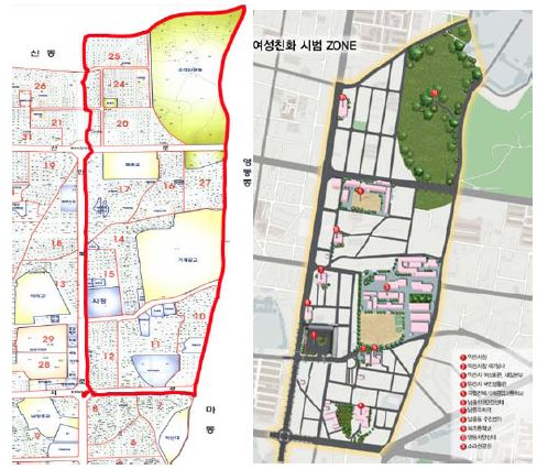 익산시 여성친화도시 시범구역 대상지(왼쪽)와 사업계획(오른쪽)