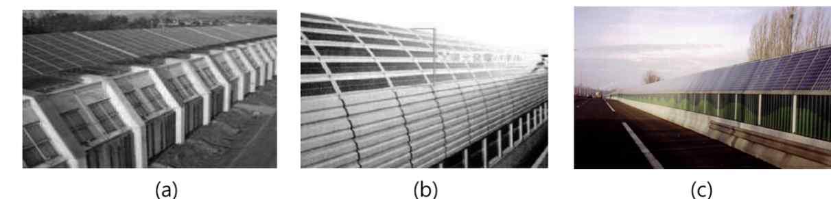 (a)독일, (b)일본, (c)미국 에서의 방음벽 판에 접합된 태양전지