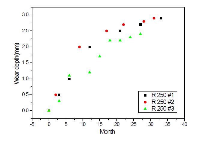 레일 편마모 변화 (R 250, 4 호선 3지점)