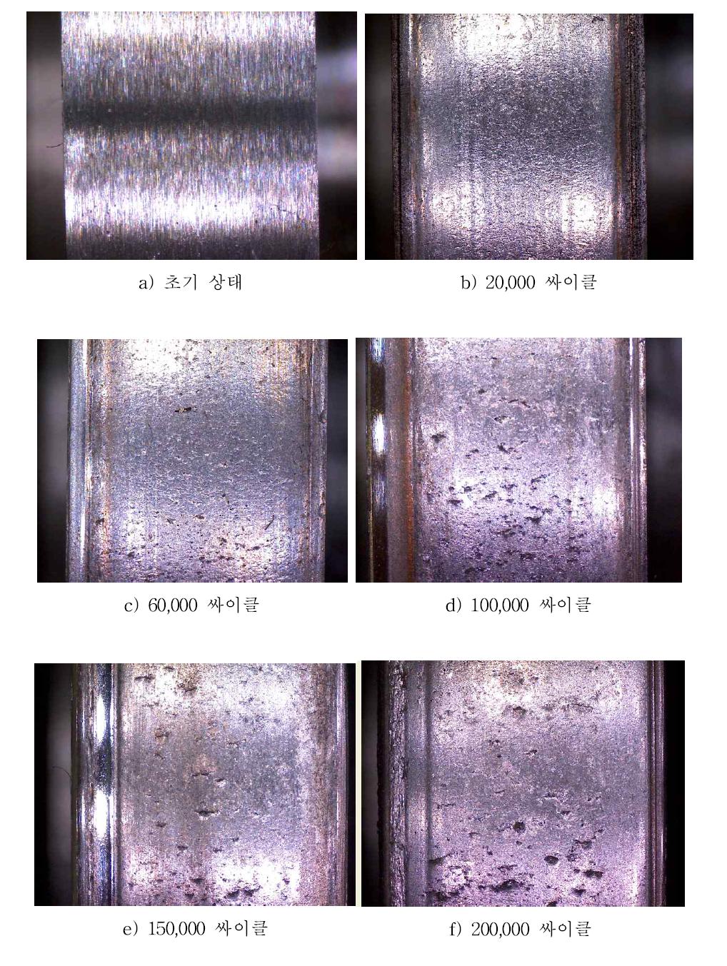 레일시험편의 싸이클에 따른 표면 상태 변화