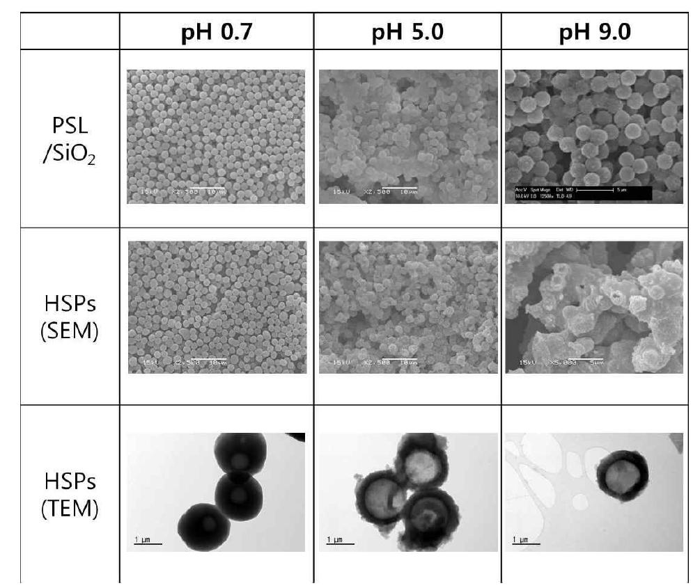 SEM and TEM images of PSL/SiO2 and hollow silicate particles with different pH values.