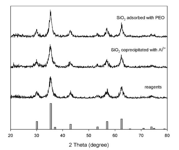 XRD patterns for magnetite nanoparticles prepared from different routes.