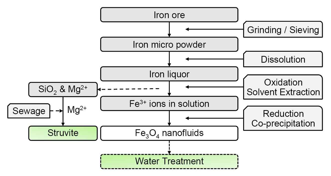 Process for producing high-purity Fe3O4 nanoparticles from a low grade ore.