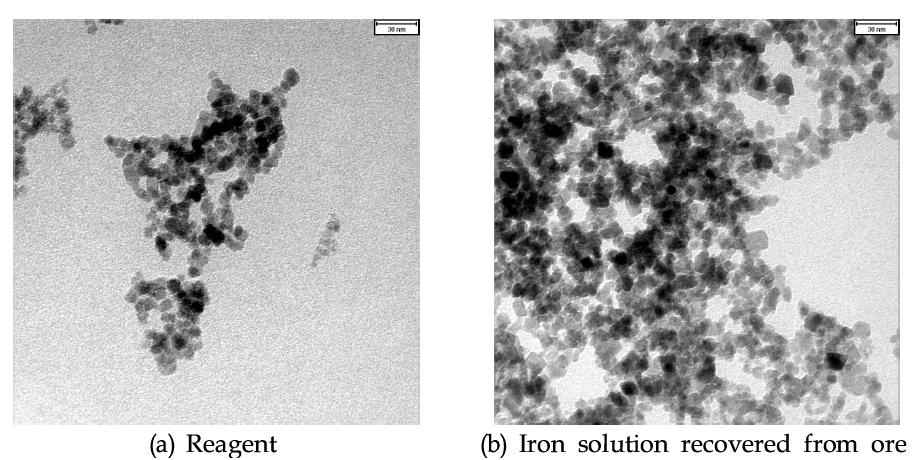 TEM pictures of nanoparticles prepared with different starting materials. scale 30 nm.