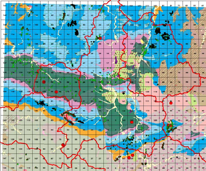 그림 3-74. 남부 태백산 광화대 연구지역의 시추자료 중 층서정보가 포함된 시추자료 위치(검정색 점, 404개 지점) 및 대표적인 광산위치(큰 빨간색 점: 8개 광산).