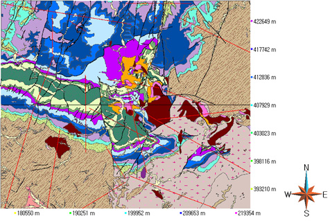 그림 3-133. 태백산 남부광화대 연구지역의 지표지질도 및 TM 좌표.