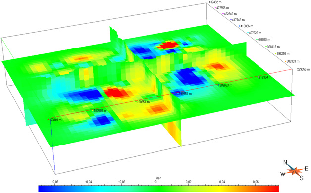 그림 3-139. 연구지역의 중력 자료를 이용하여 수행된 3차원 밀도 역산 결과 모델.
