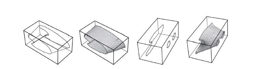 그림 3-16. Closed curve로부터 surface를 직접 제작하는 방법: (a) 2개의 closed curve를 이용한 surface 제작 (skin 알고리즘), (b) 2개의 curve와 1개의 curve를 이용한 surface 제작 (pant 알고리즘).