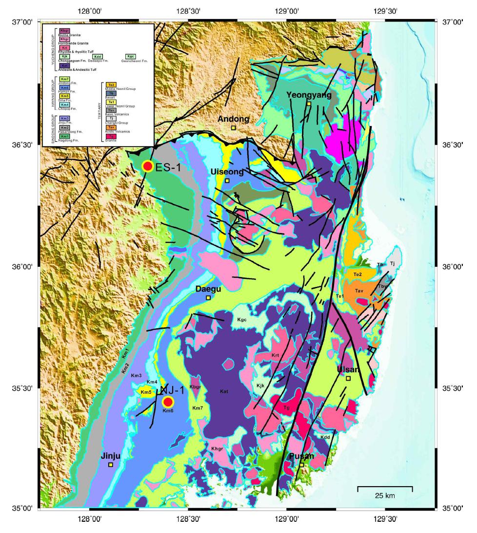 Geological map of the Gyeongsang Basin (KIGAM, 1996, 1998). Red circles with annotation represent hydrocarbon exploration wells. ES-1 : Euiseong drilling well (TD : 1,536 m), NJ-1 : Namji drilling well (TD : 800 m).