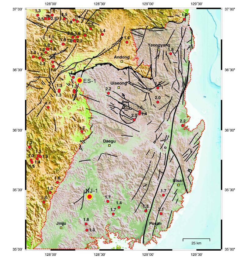 Distribution of heat flow data around the Gyeongsang Basin (Lim and Kim, 1997). Red circles with number denote heat flow in HFU (1 HFU = 41.84 mWm-2).