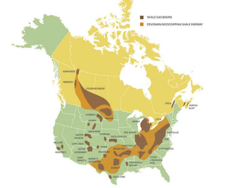 Distribution map of north American shale gas (National Energy Board).