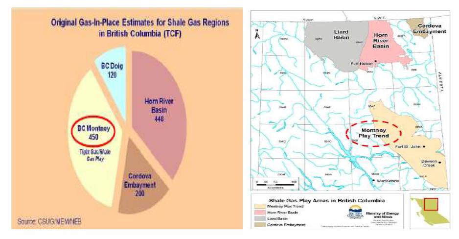 Original Gas-in-Place estimates (Tcf) for shale gas play areas in BC.