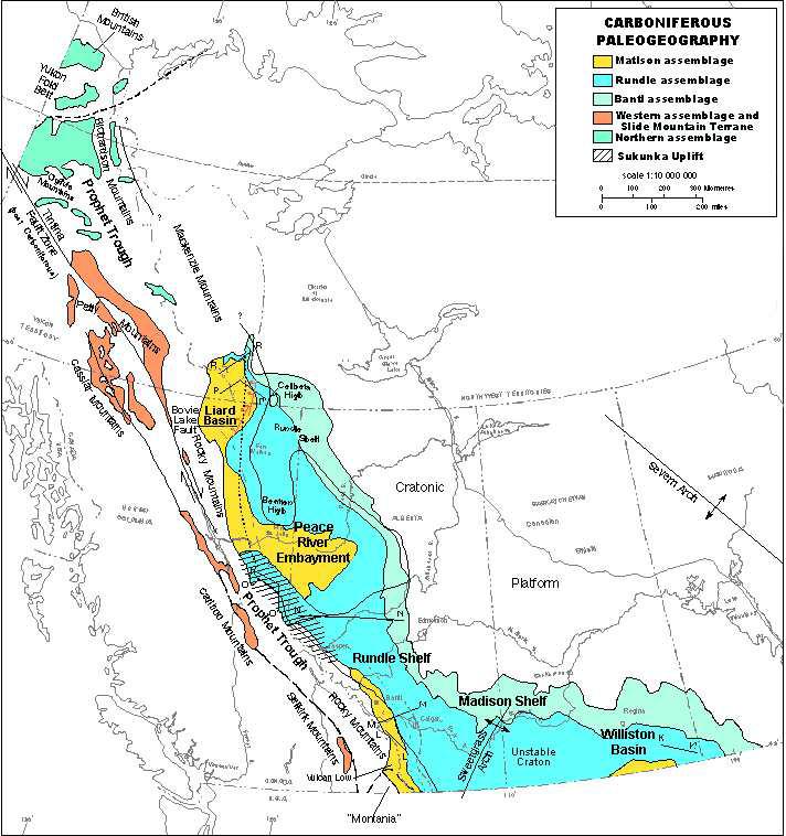 Carboniferous paleogeography of the northeastern British Columbian shale gas basin in Canada.