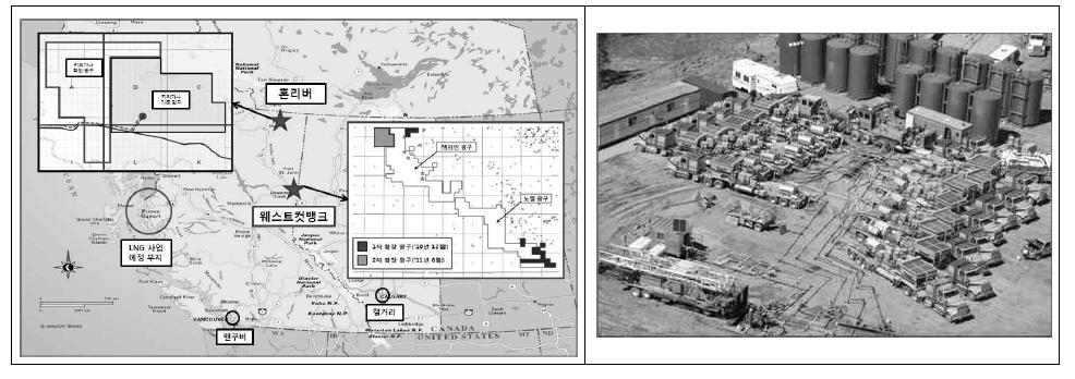 Location of KOGAS’Hon River and West Cutbank Area in Canada and hydrofracturing equipment