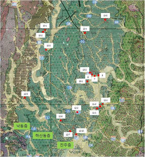 Geological map and sampling sites of the Gyeongsang Basin.