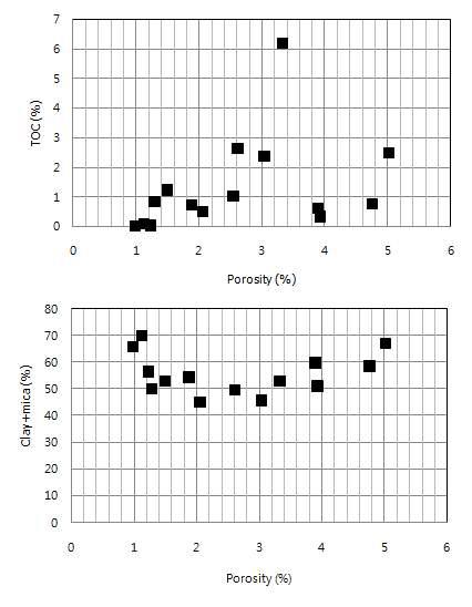 Relationship between porosity, TOC and clay+mica of shale samples in the Gyeongsang Basin.