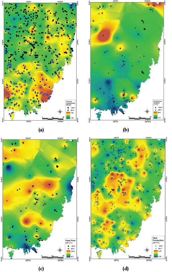 그림 3.4.2.6. 열물성 샘플(a), 지온경사(b), 암석 열전도도 분포(a), 지온경사분포(b), 지열류량분포(c), 열생산율분포(d)