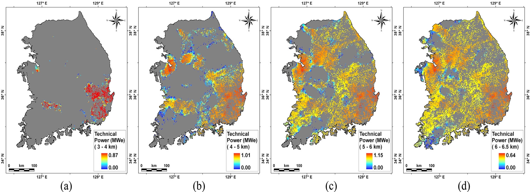 그림 3.4.3.3. 깊이별 기술적 잠재량: (a) 3-4 km, (b) 4-5 km, (c) 5-6 km, (d) 6-6.5 km